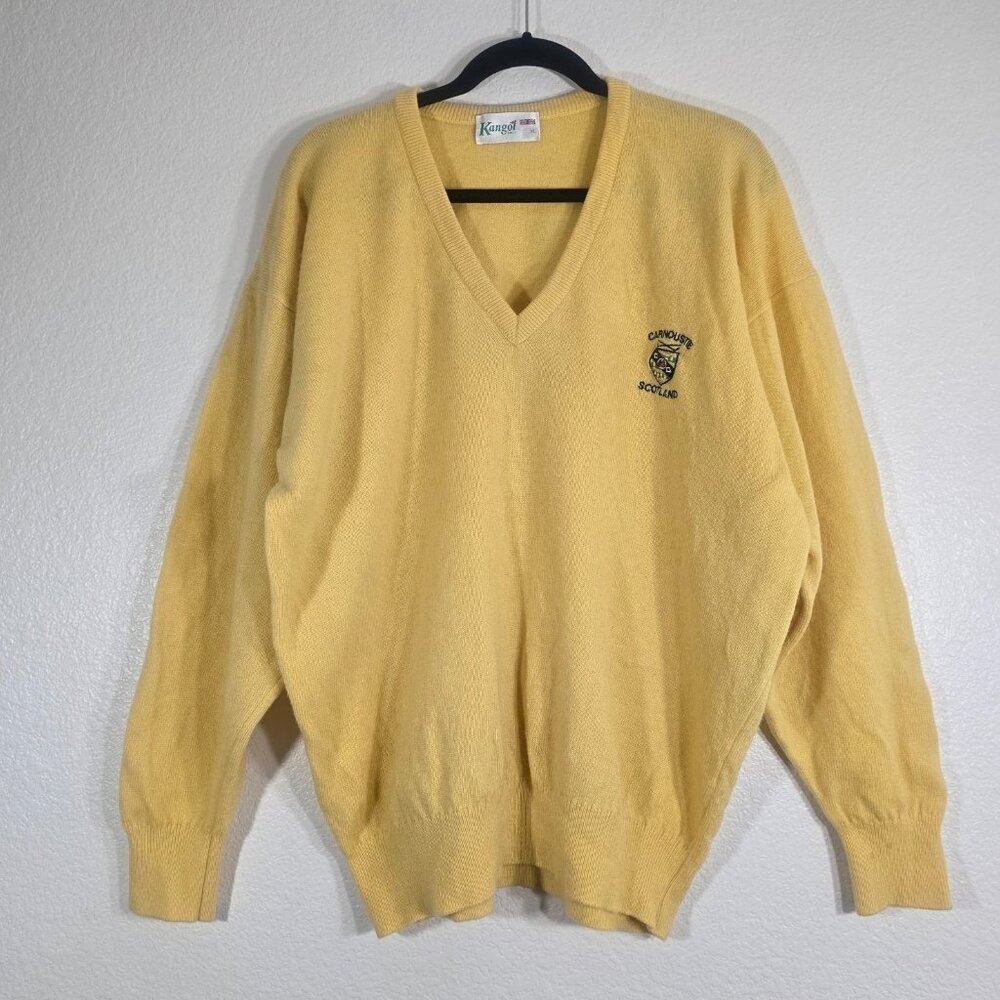 Kangol Vtg Golf Sweater Men XL Carnoustie Scotland Crest Yellow Preppy Wool